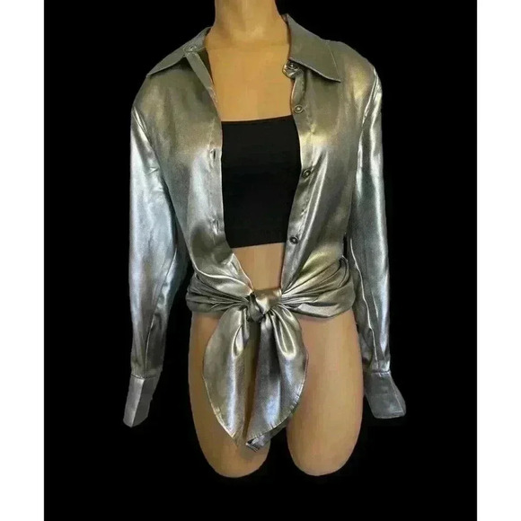 Urban Outfitters Metallic Silver Satin Shirt Mini Dress Button Down Midnight S - Picture 11 of 11